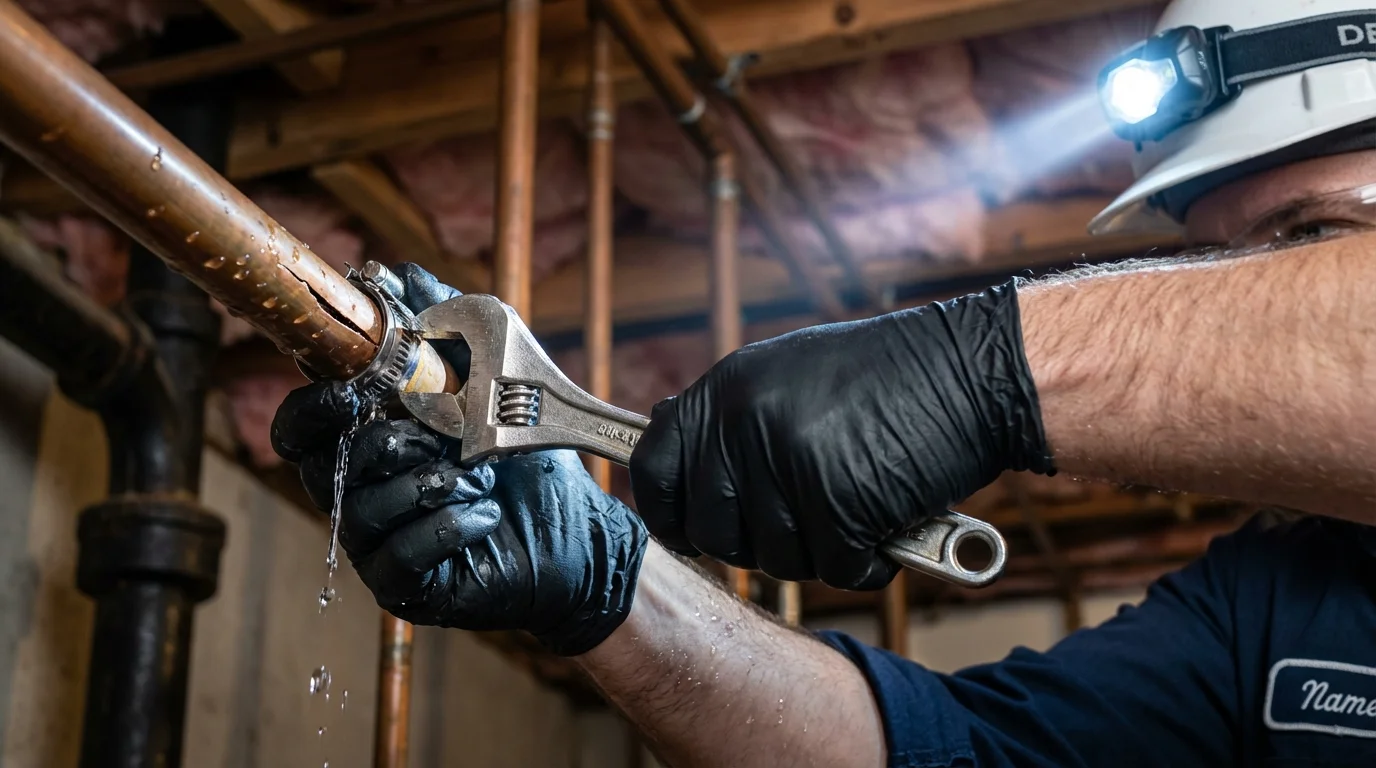 Emergency pipe clamp repair being performed by a Johns Plumbing LLC plumber in Willard